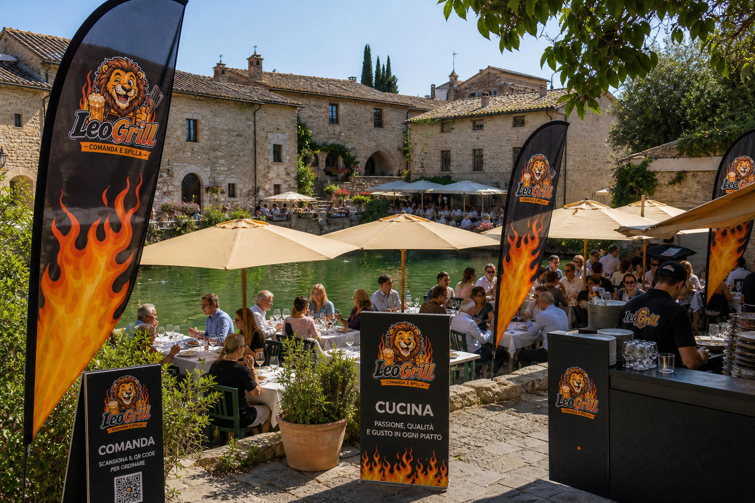 Cena LeoGrill in borgo toscano — totem QR comanda, cartello cucina