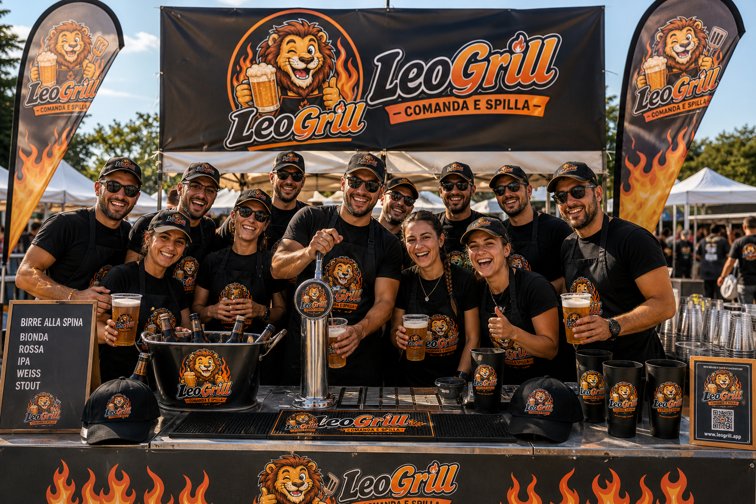 Team al banco birre LeoGrill — tap, bottiglie, bicchieri brandizzati