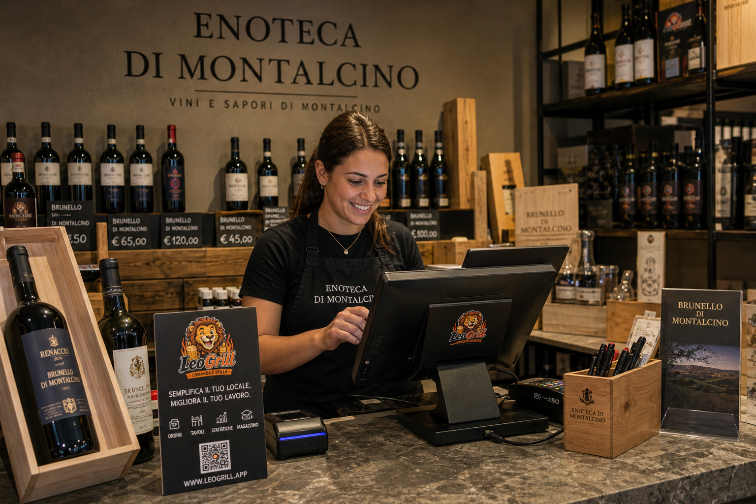 Enoteca di Montalcino — operatrice al banco con touchscreen LeoGrill
