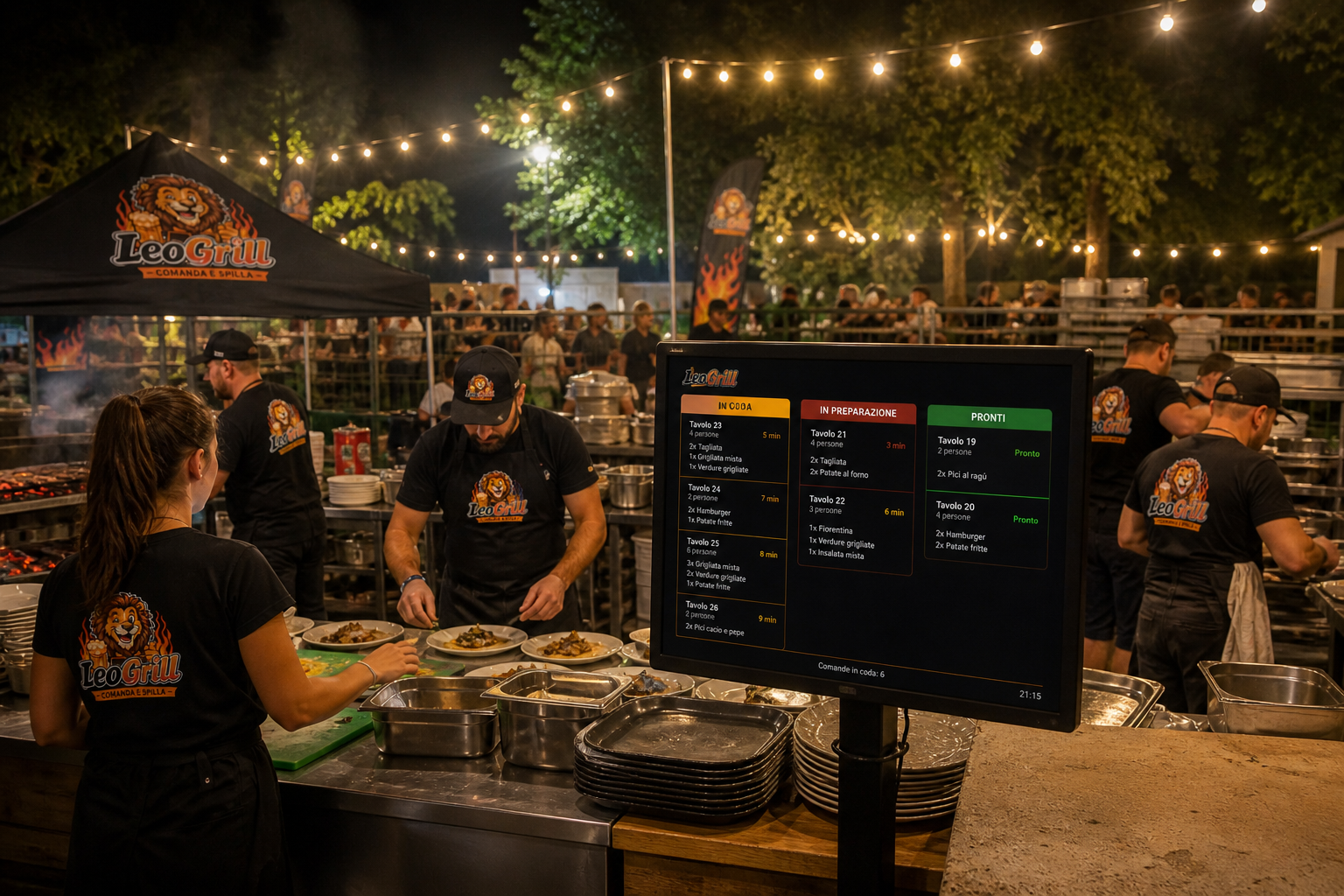 Schermo cucina KDS LeoGrill in funzione: tavoli in coda, in preparazione, pronti