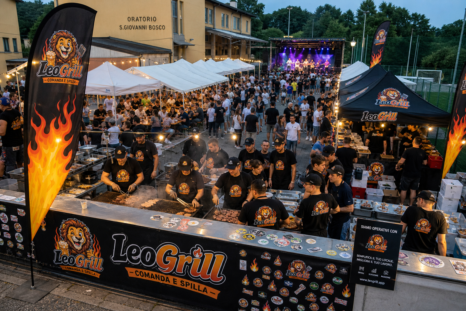 Oratorio S. Giovanni Bosco — banco griglia LeoGrill con palco musicale sullo sfondo
