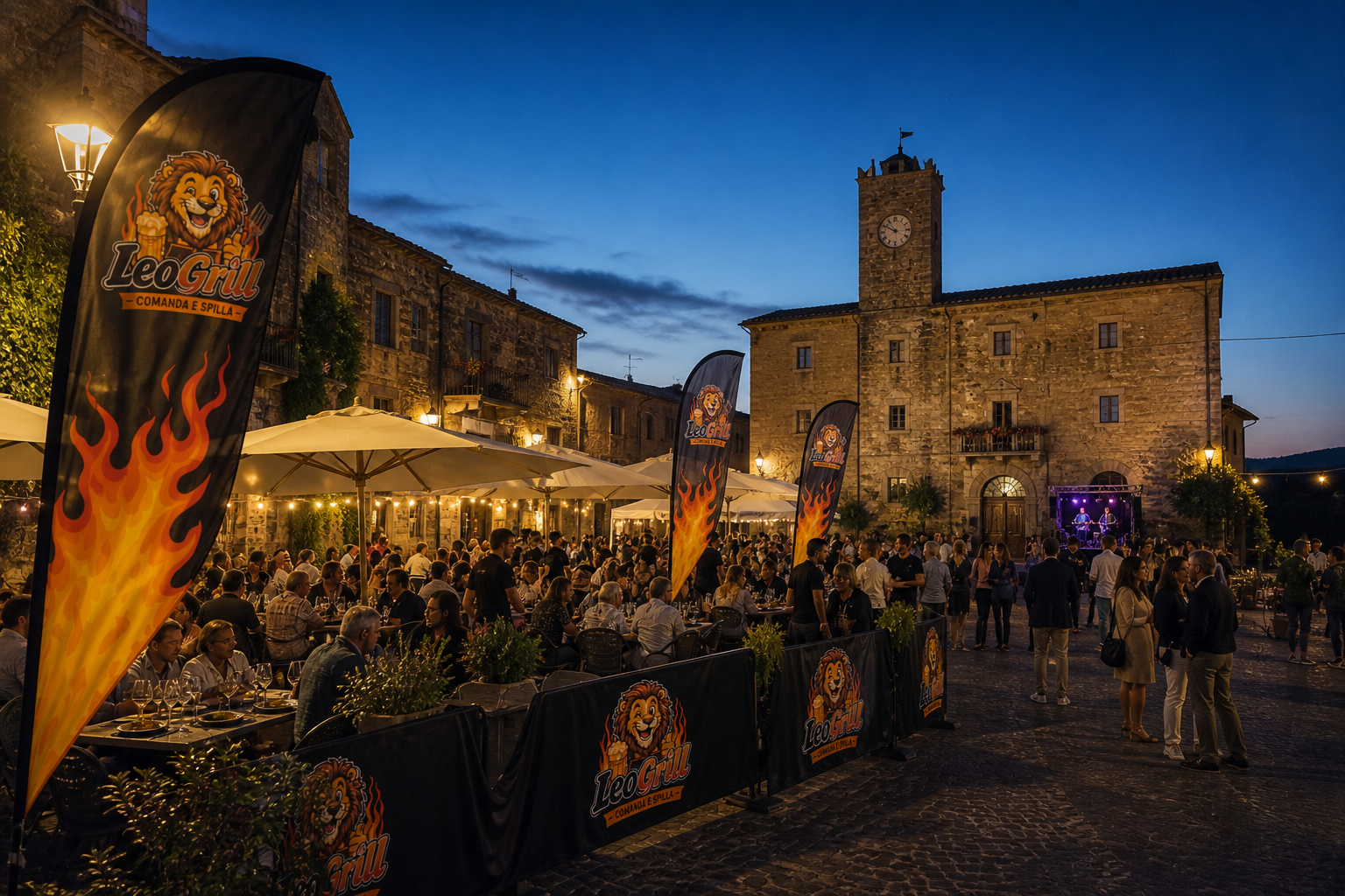 Piazza toscana al tramonto con LeoGrill — palco, torre dell'orologio, tavoli all'aperto
