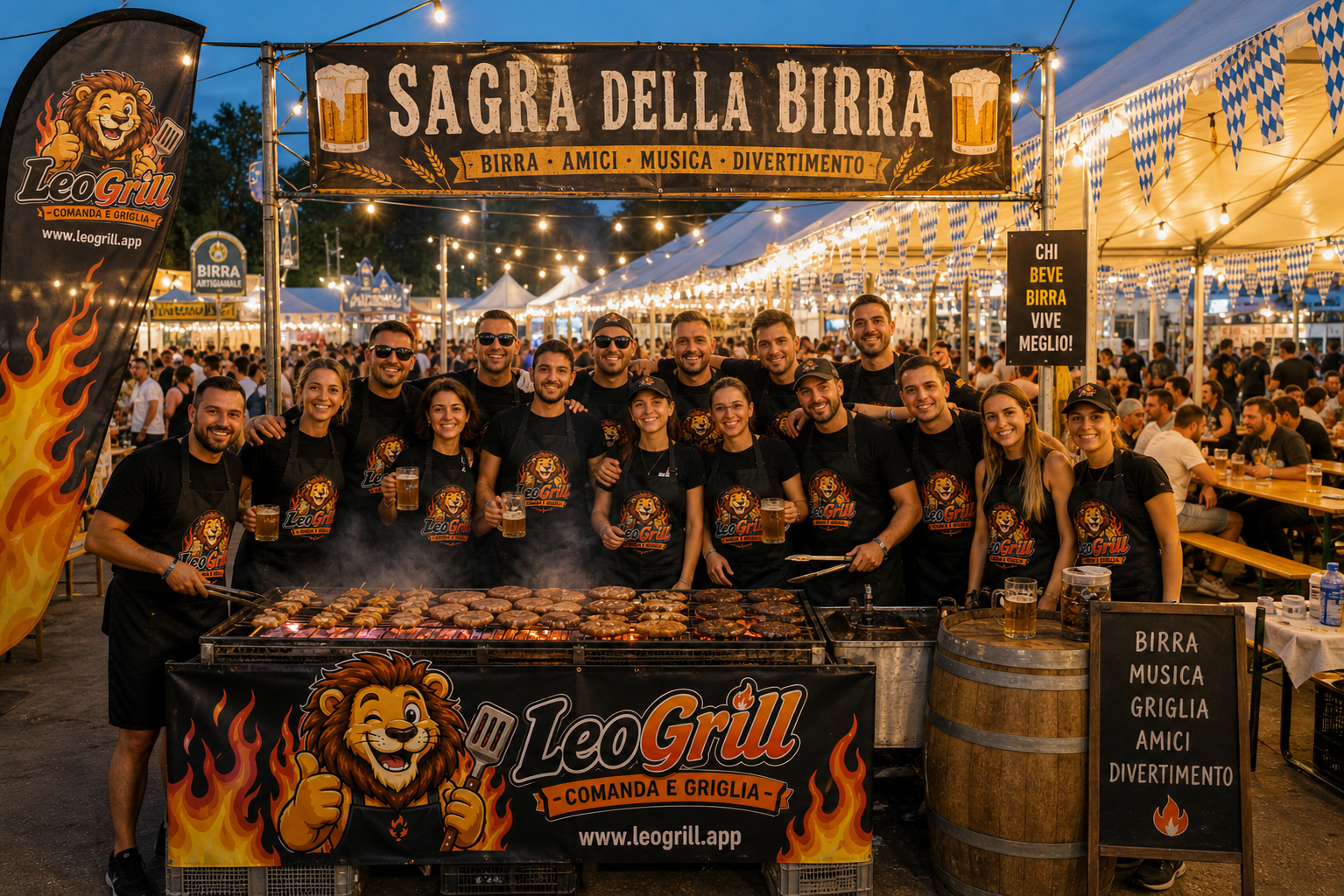 Team LeoGrill alla Sagra della Birra, allestimento bavarese serale
